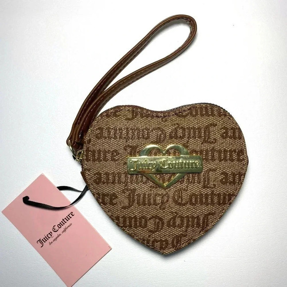 Juicy Couture Gothic Logo Print Brown Beige Heart Wristlet Bag NWT - Picture 5 of 7